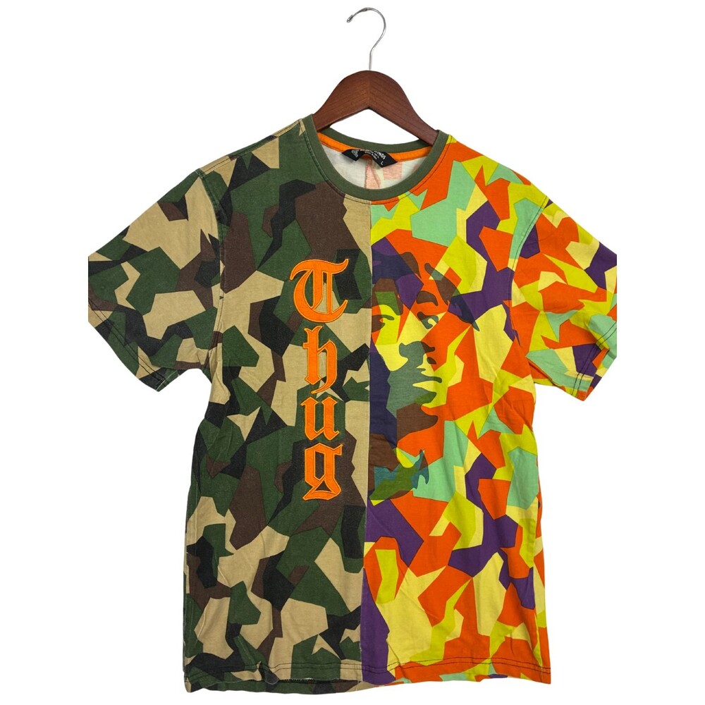 Rebel Minds Mens Large THUG Graphic T Shirt Split Camo Colorblock Cotton
